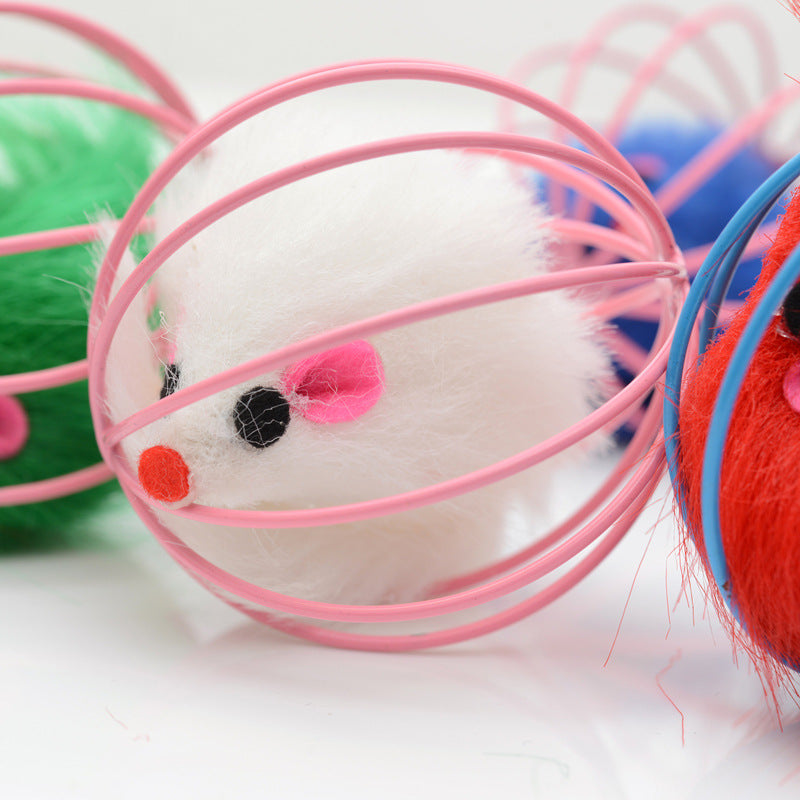 Wire Cage Mouse Toy for Cats - Rabbit Fur Mouse Inside (6×6cm)