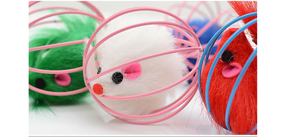 Wire Cage Mouse Toy for Cats - Rabbit Fur Mouse Inside (6×6cm)
