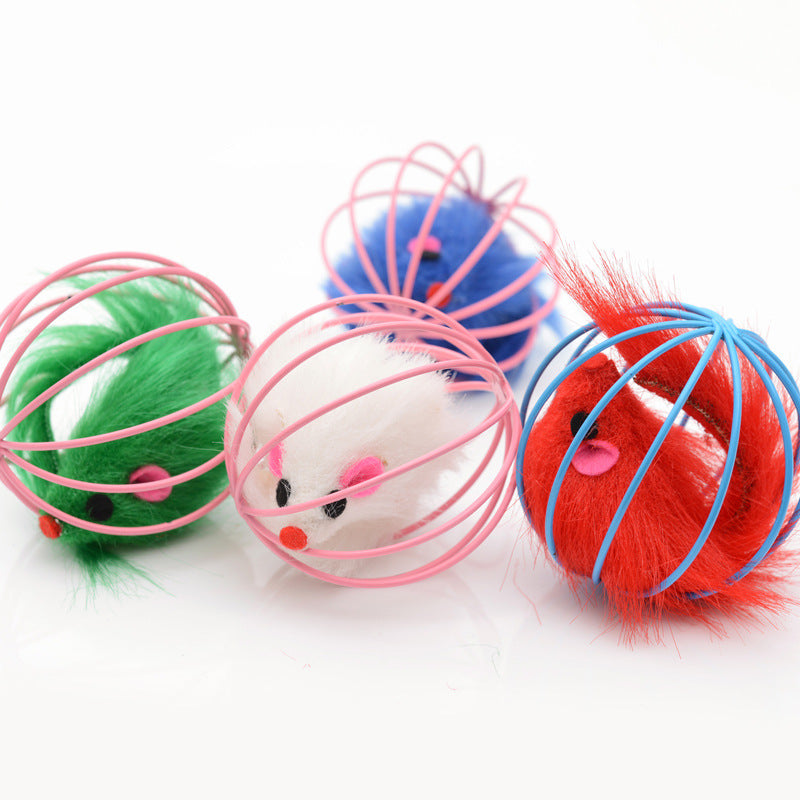 Wire Cage Mouse Toy for Cats - Rabbit Fur Mouse Inside (6×6cm)