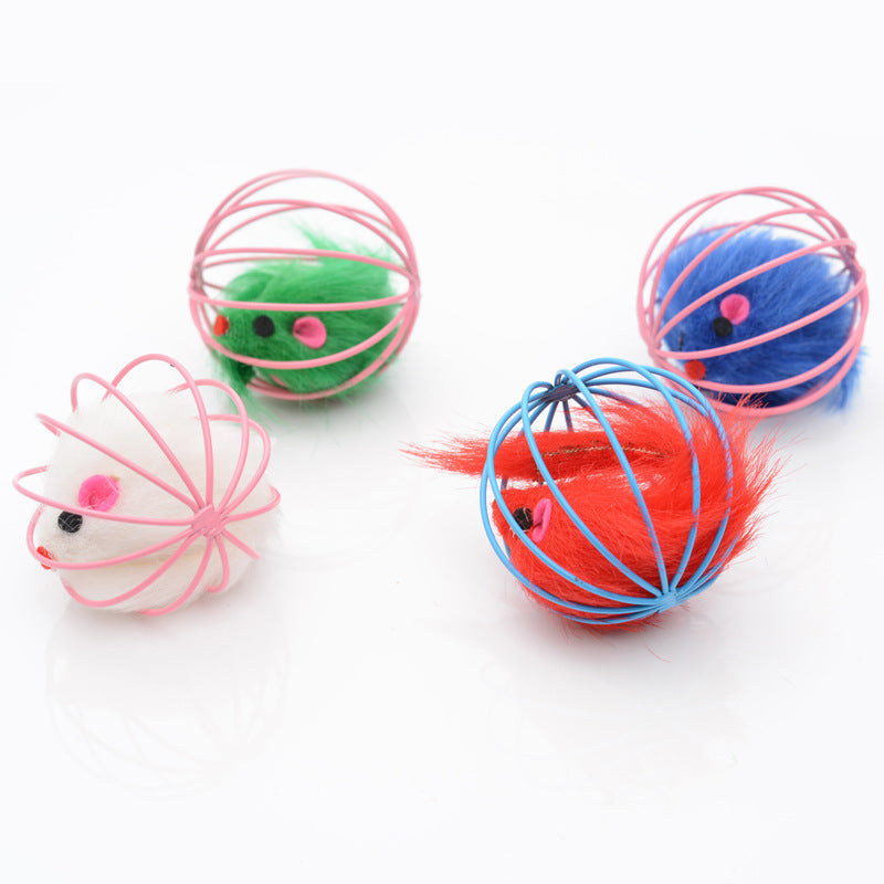 Wire Cage Mouse Toy for Cats - Rabbit Fur Mouse Inside (6×6cm)