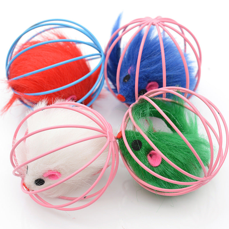 Wire Cage Mouse Toy for Cats - Rabbit Fur Mouse Inside (6×6cm)