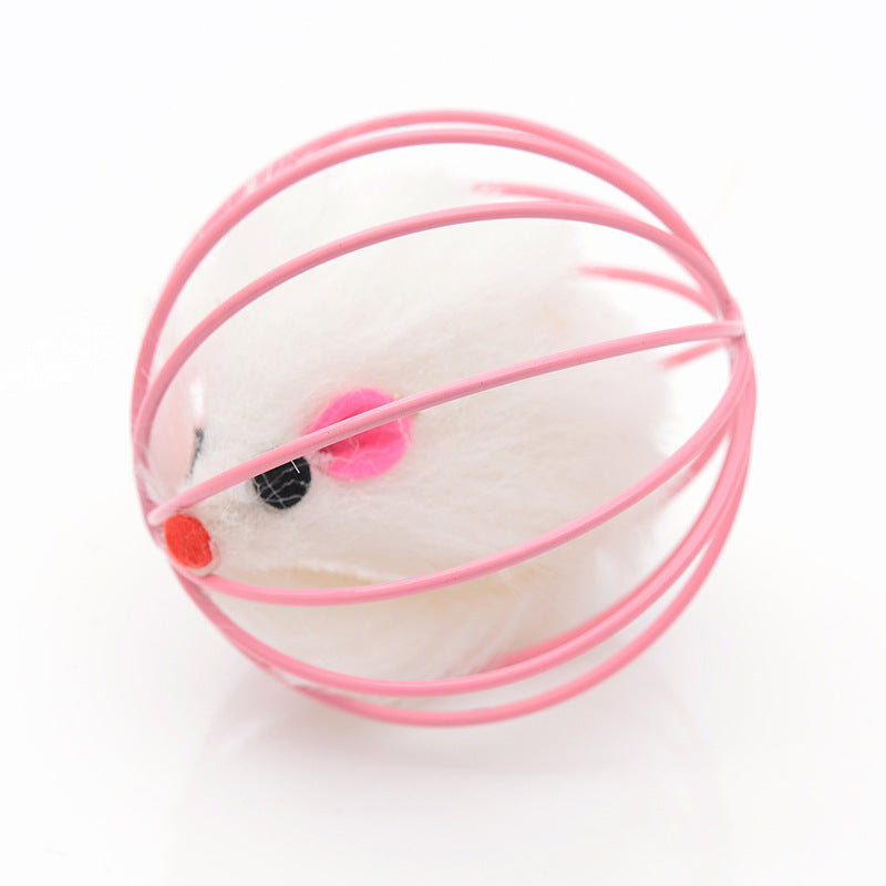 Wire Cage Mouse Toy for Cats - Rabbit Fur Mouse Inside (6×6cm)